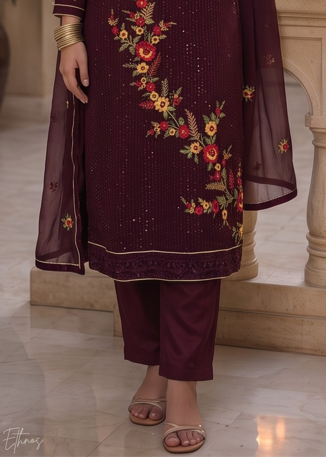 Wine Burgundy Floral Embroidered Georgette Suit