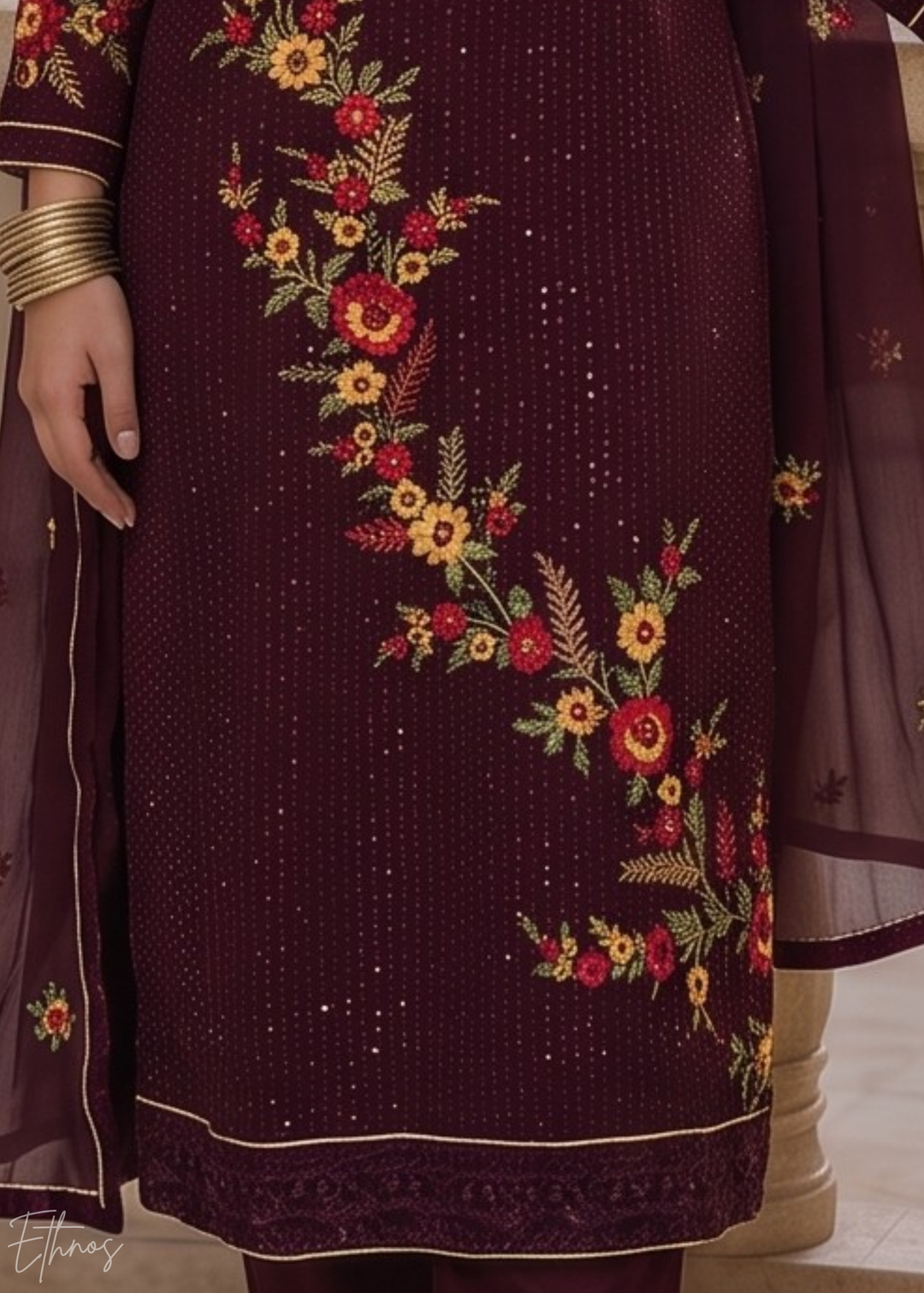 Wine Burgundy Floral Embroidered Georgette Suit