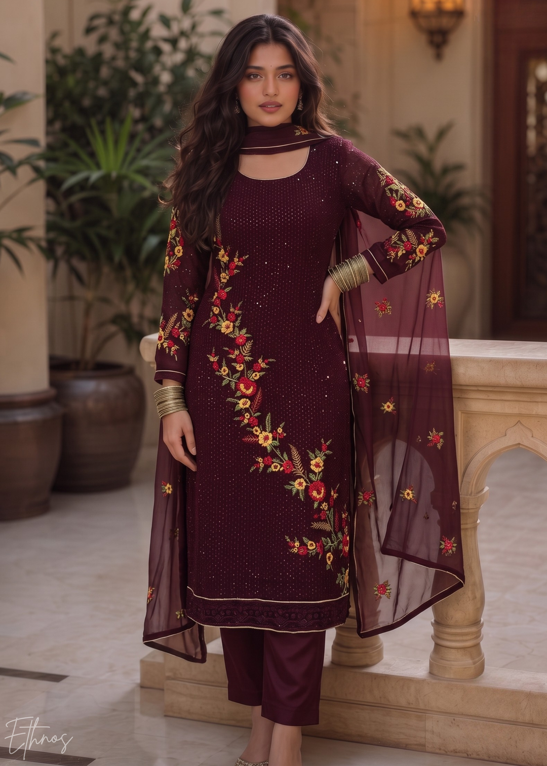 Wine Burgundy Floral Embroidered Georgette Suit