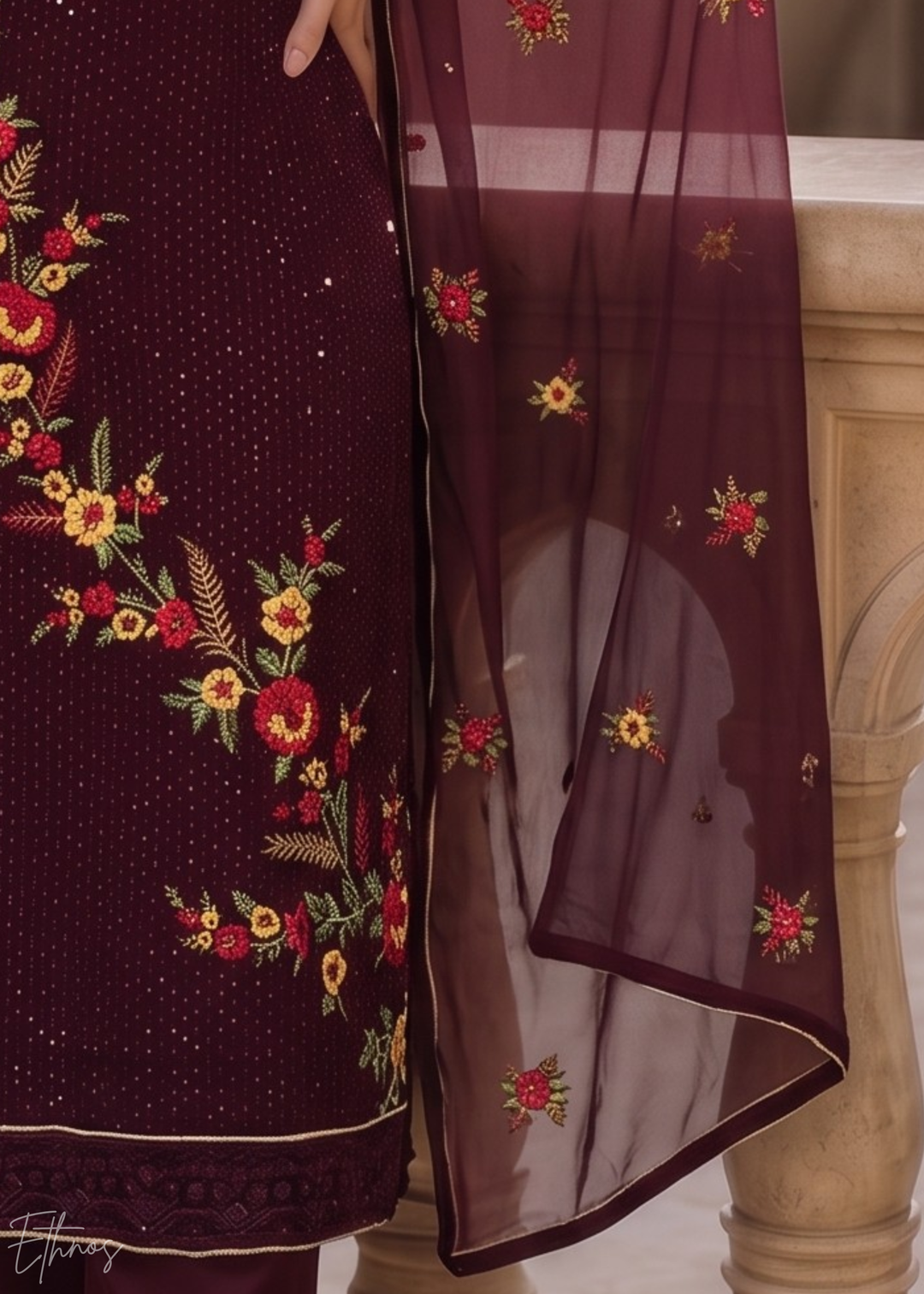 Wine Burgundy Floral Embroidered Georgette Suit