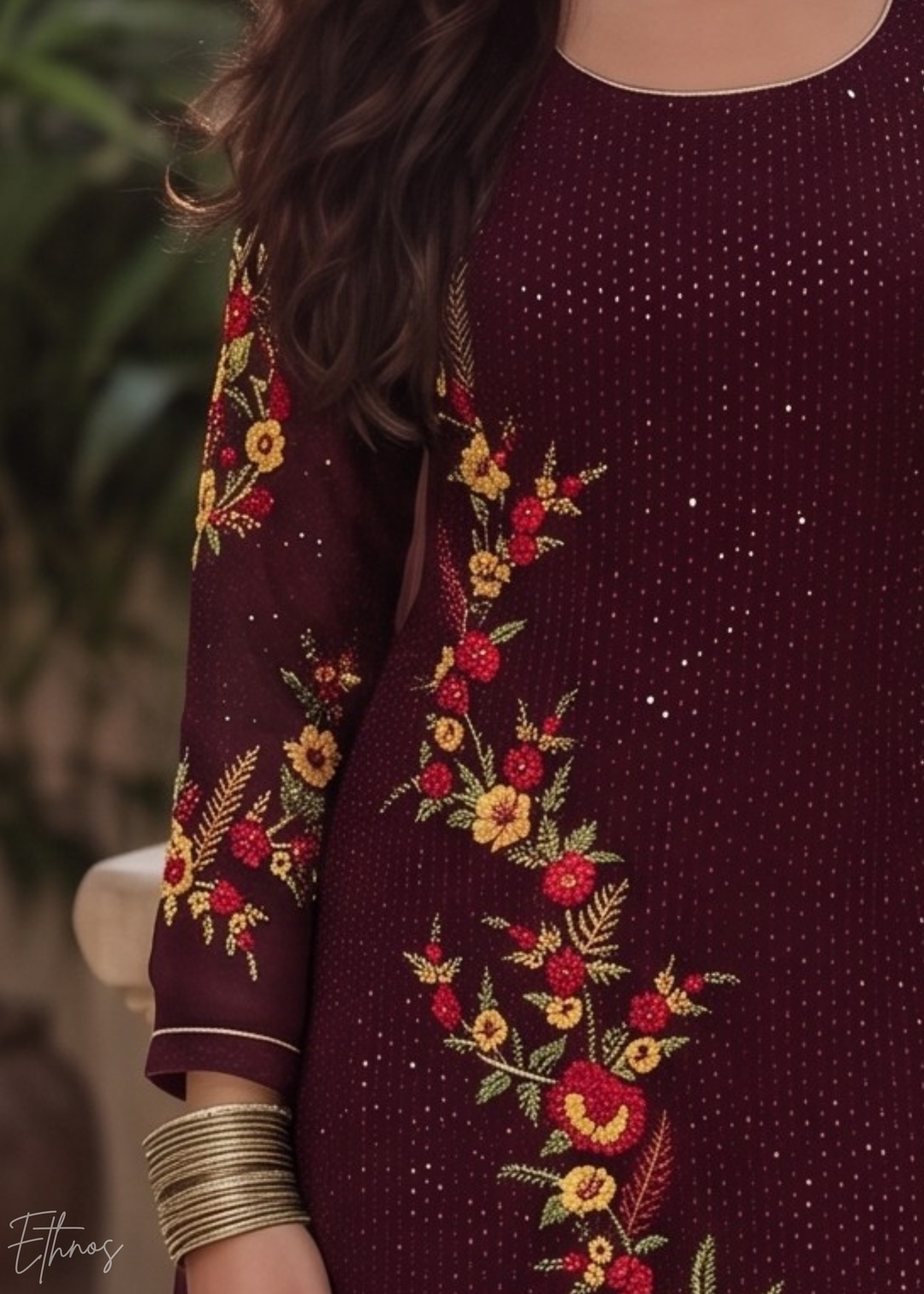 Wine Burgundy Floral Embroidered Georgette Suit