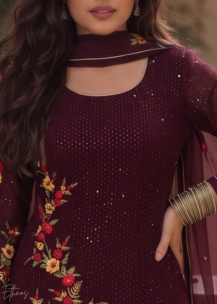 Wine Burgundy Floral Embroidered Georgette Suit