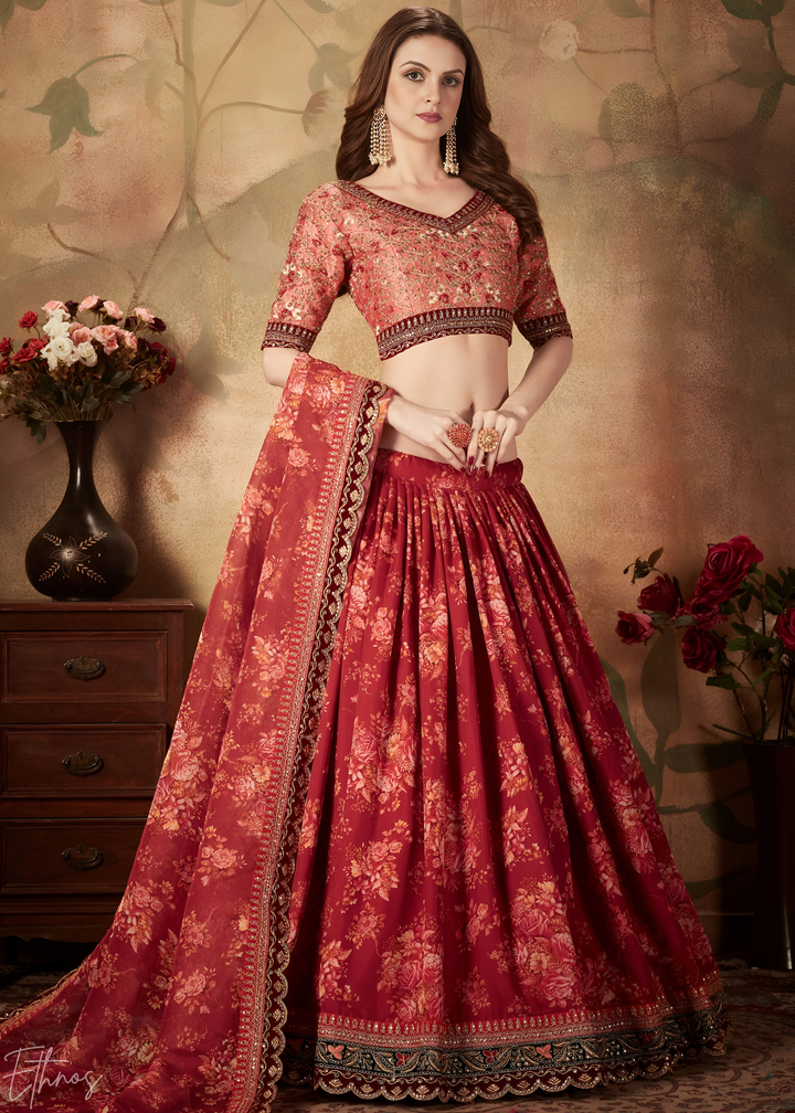 Wine Burgundy Garden Floral Printed Organza Lehenga