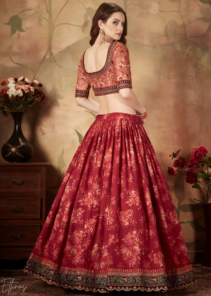 Wine Burgundy Garden Floral Printed Organza Lehenga