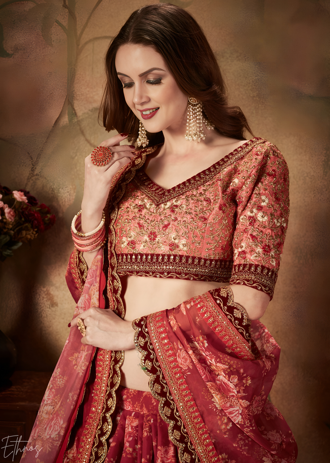 Wine Burgundy Garden Floral Printed Organza Lehenga