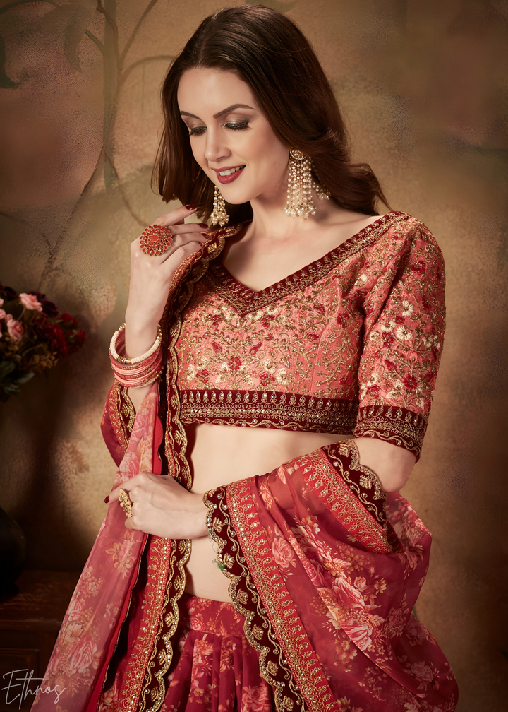 Wine Burgundy Garden Floral Printed Organza Lehenga