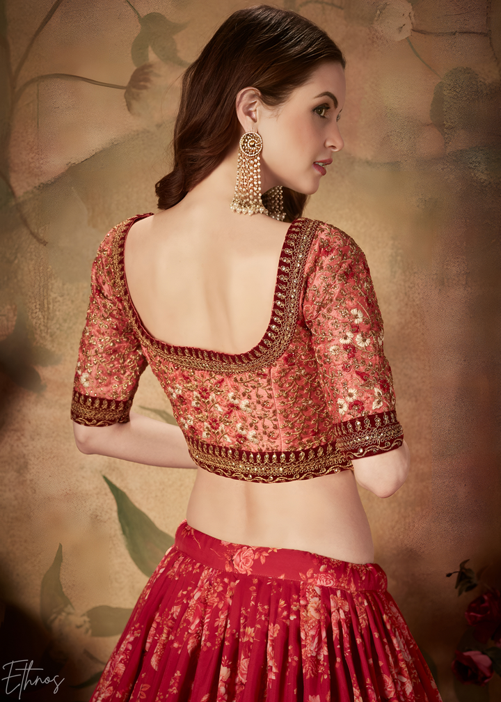 Wine Burgundy Garden Floral Printed Organza Lehenga