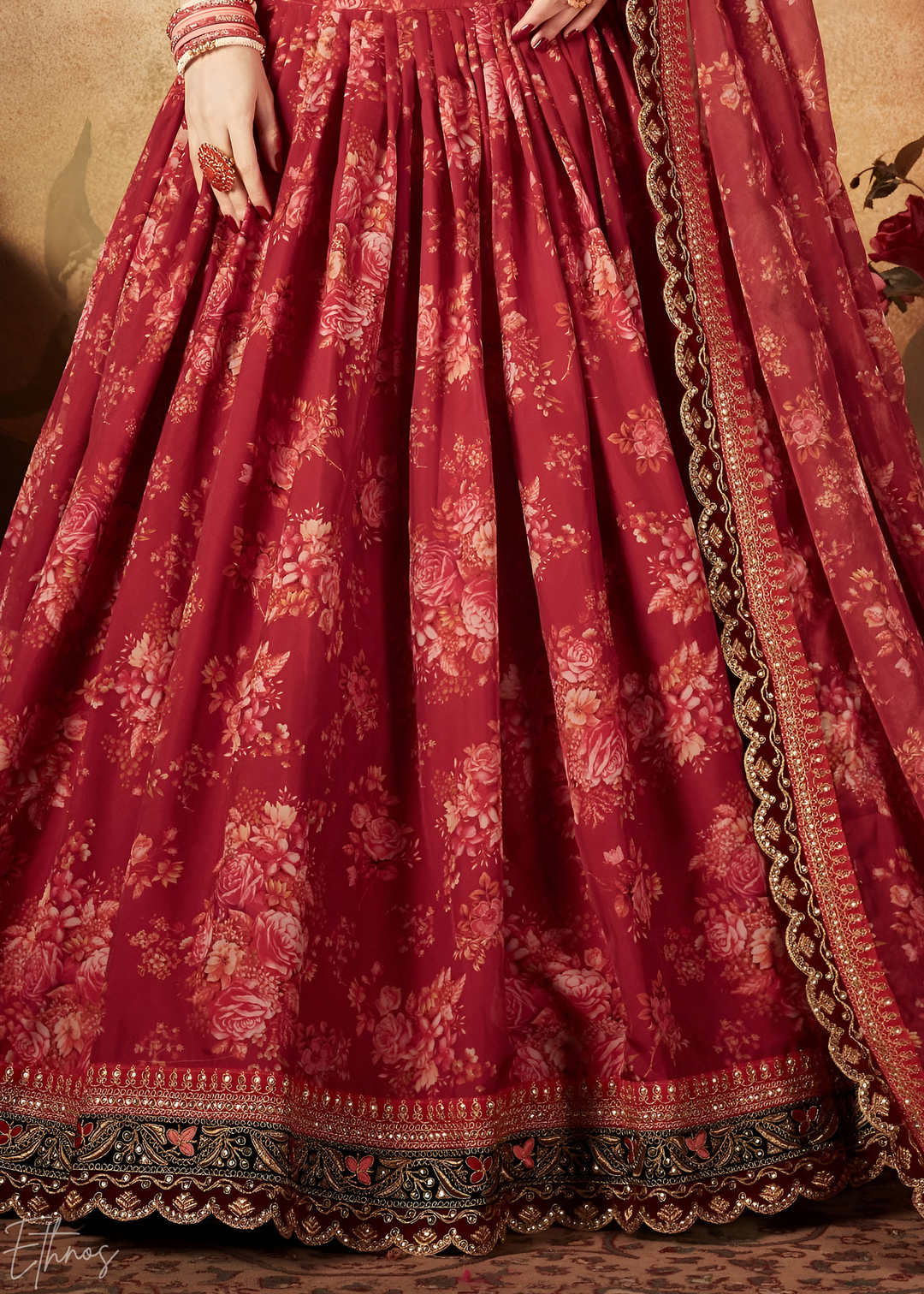 Wine Burgundy Garden Floral Printed Organza Lehenga