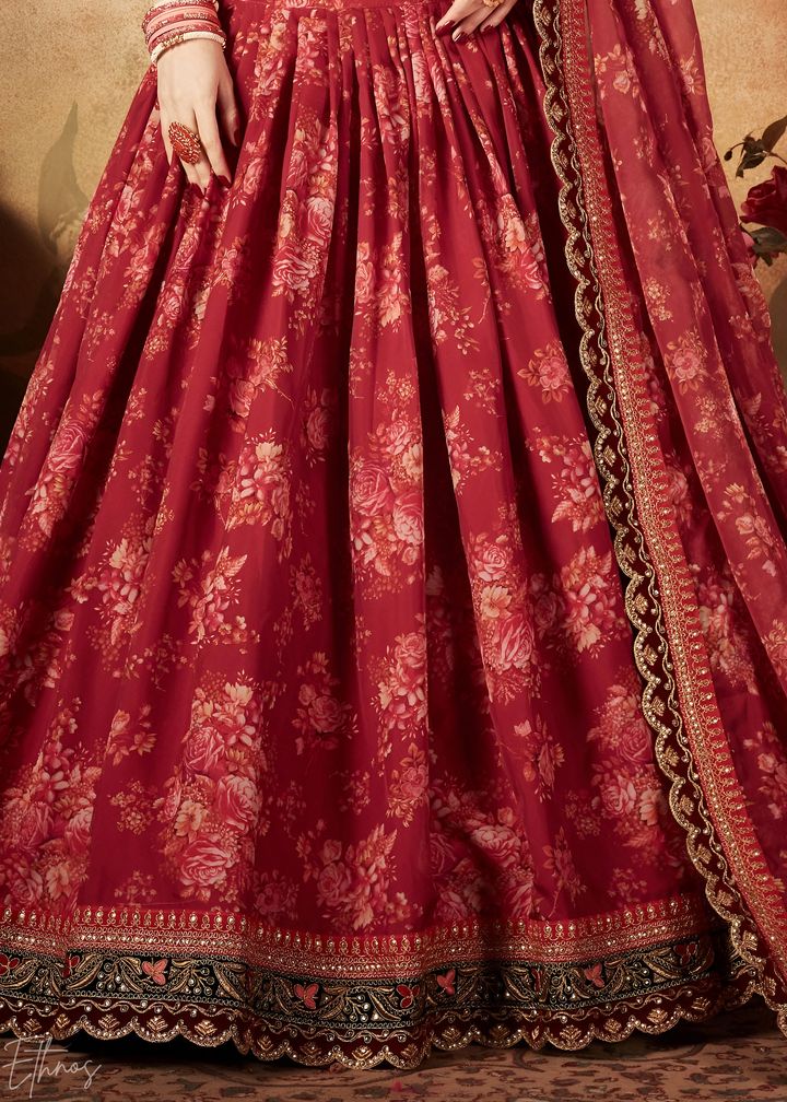 Wine Burgundy Garden Floral Printed Organza Lehenga