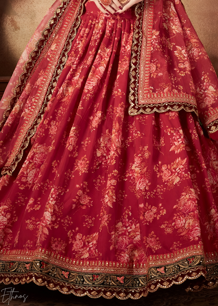 Wine Burgundy Garden Floral Printed Organza Lehenga