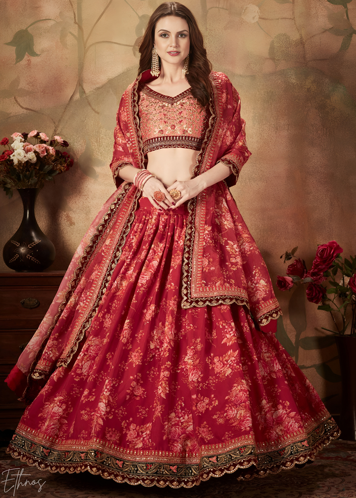 Wine Burgundy Garden Floral Printed Organza Lehenga