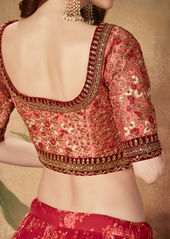 Wine Burgundy Garden Floral Printed Organza Lehenga