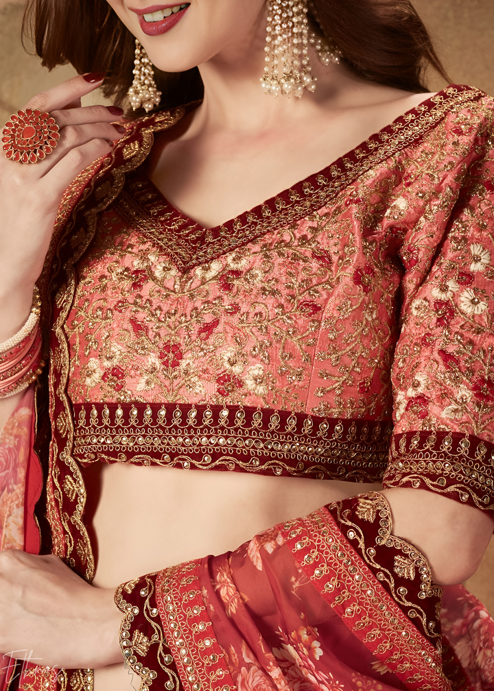 Wine Burgundy Garden Floral Printed Organza Lehenga