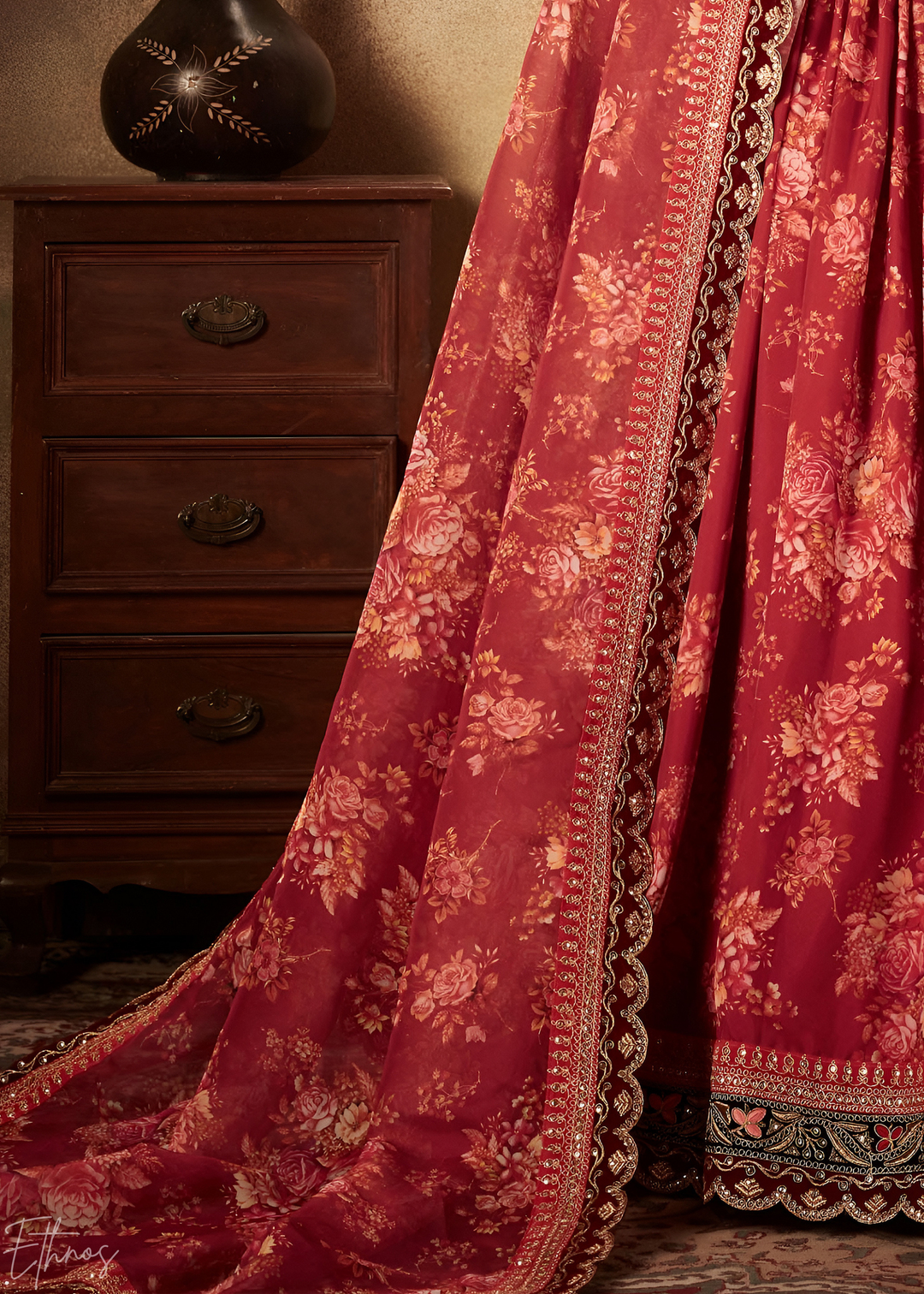 Wine Burgundy Garden Floral Printed Organza Lehenga