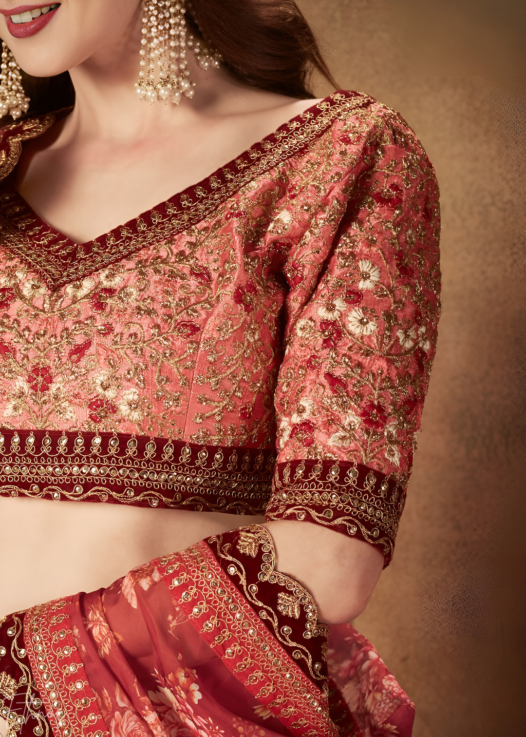 Wine Burgundy Garden Floral Printed Organza Lehenga