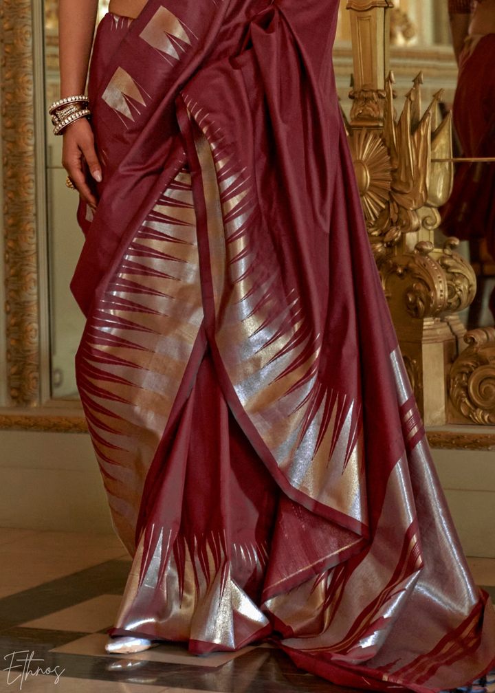 Wine Burgundy Metallic Temple Wave Silk Saree