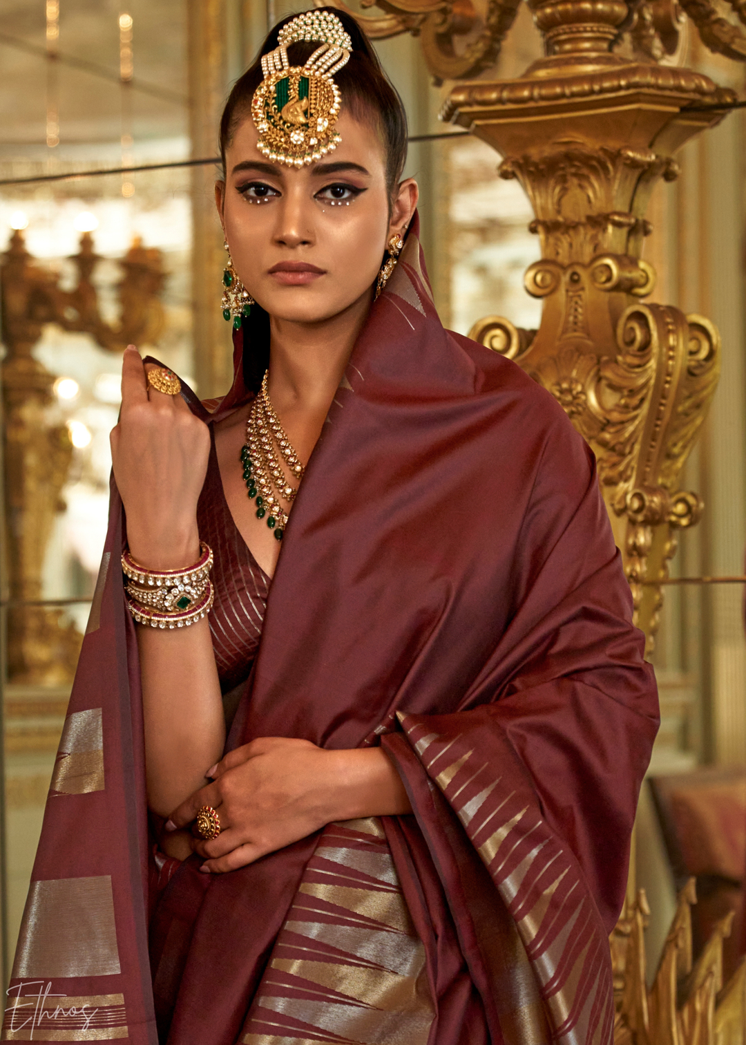 Wine Burgundy Metallic Temple Wave Silk Saree