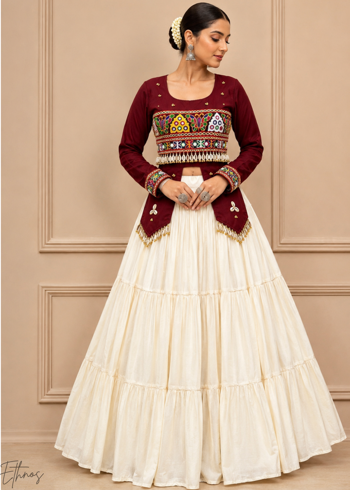 Wine Burgundy & Ivory Tiered Mirror Work Cotton Lehenga Choli