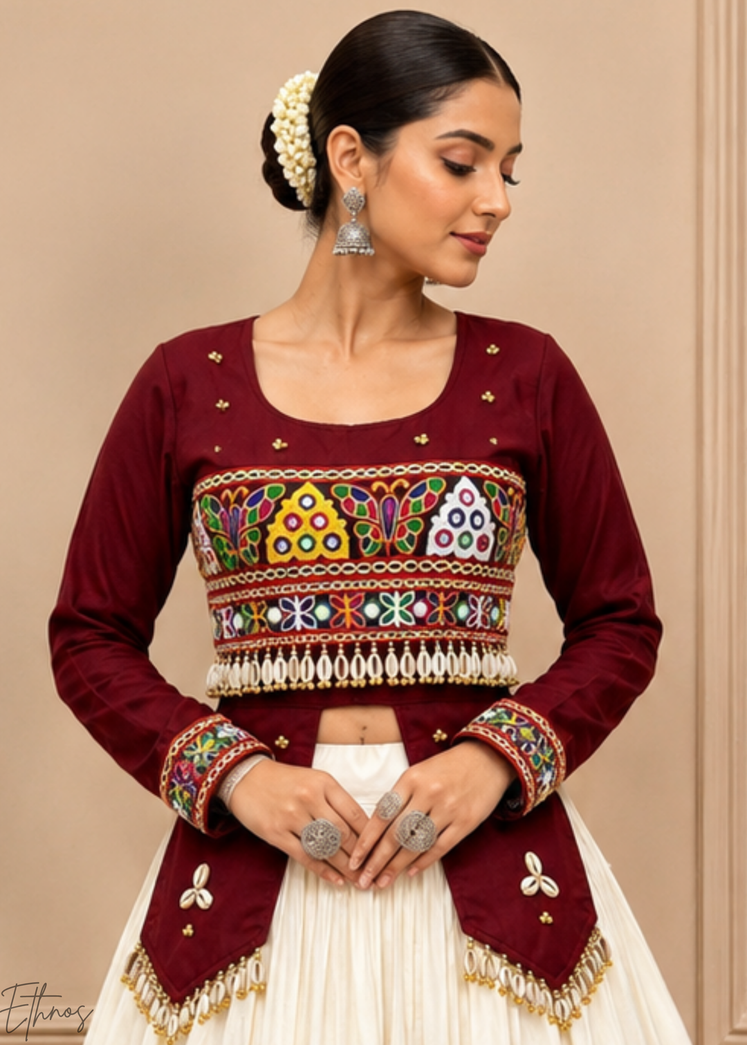 Wine Burgundy & Ivory Tiered Mirror Work Cotton Lehenga Choli