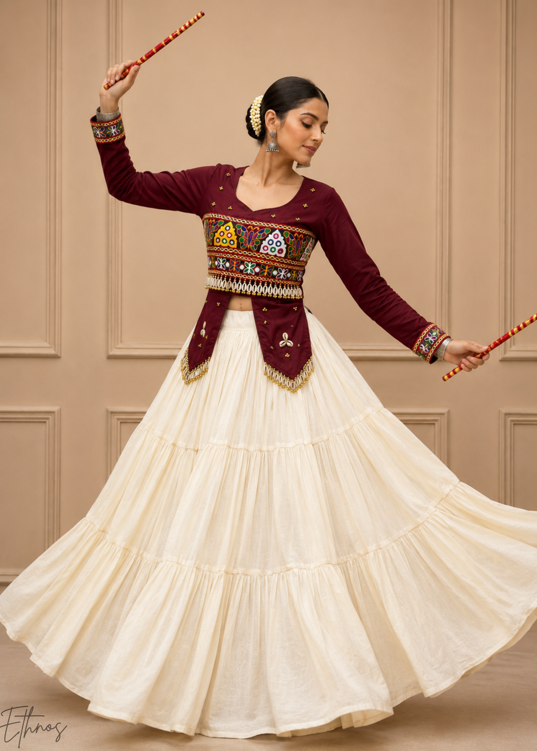 Wine Burgundy & Ivory Tiered Mirror Work Cotton Lehenga Choli
