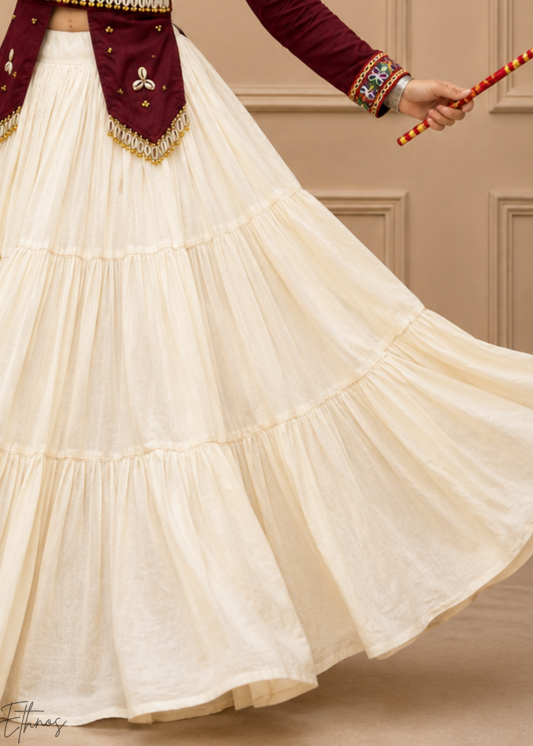 Wine Burgundy & Ivory Tiered Mirror Work Cotton Lehenga Choli