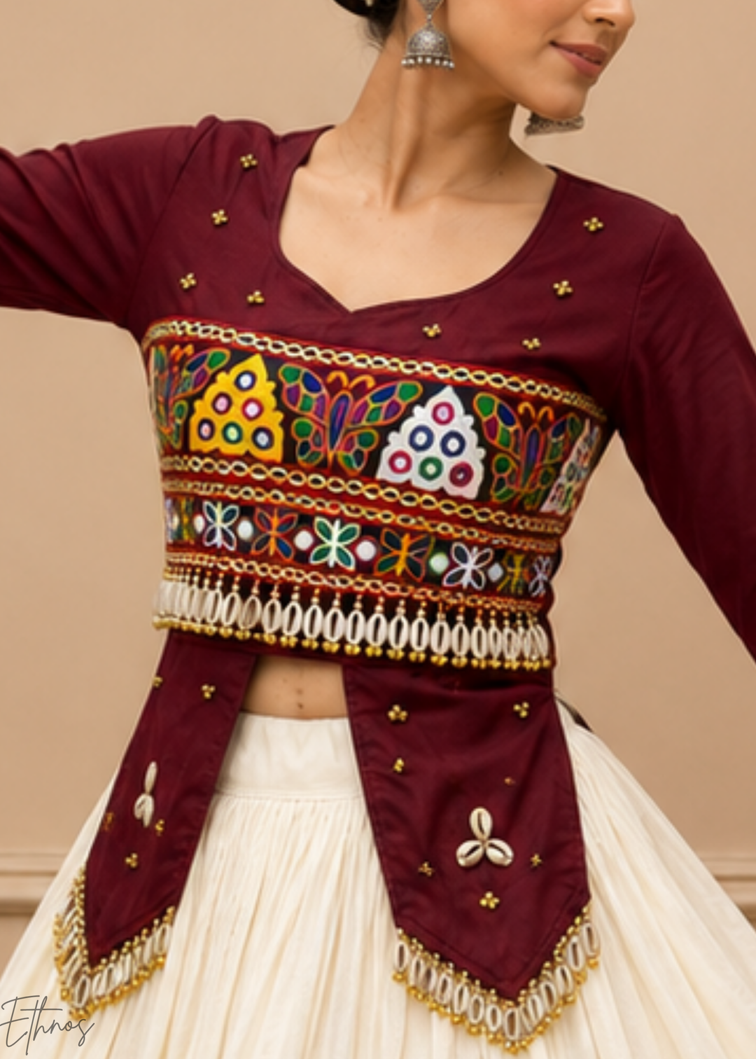 Wine Burgundy & Ivory Tiered Mirror Work Cotton Lehenga Choli
