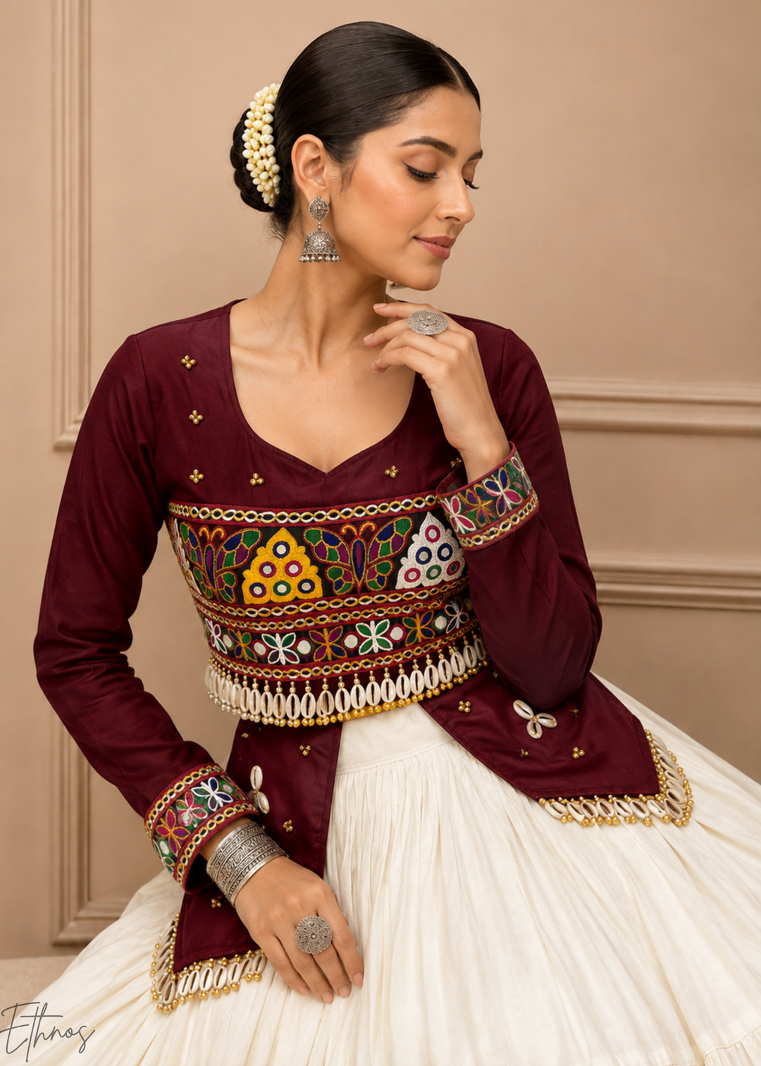 Wine Burgundy & Ivory Tiered Mirror Work Cotton Lehenga Choli