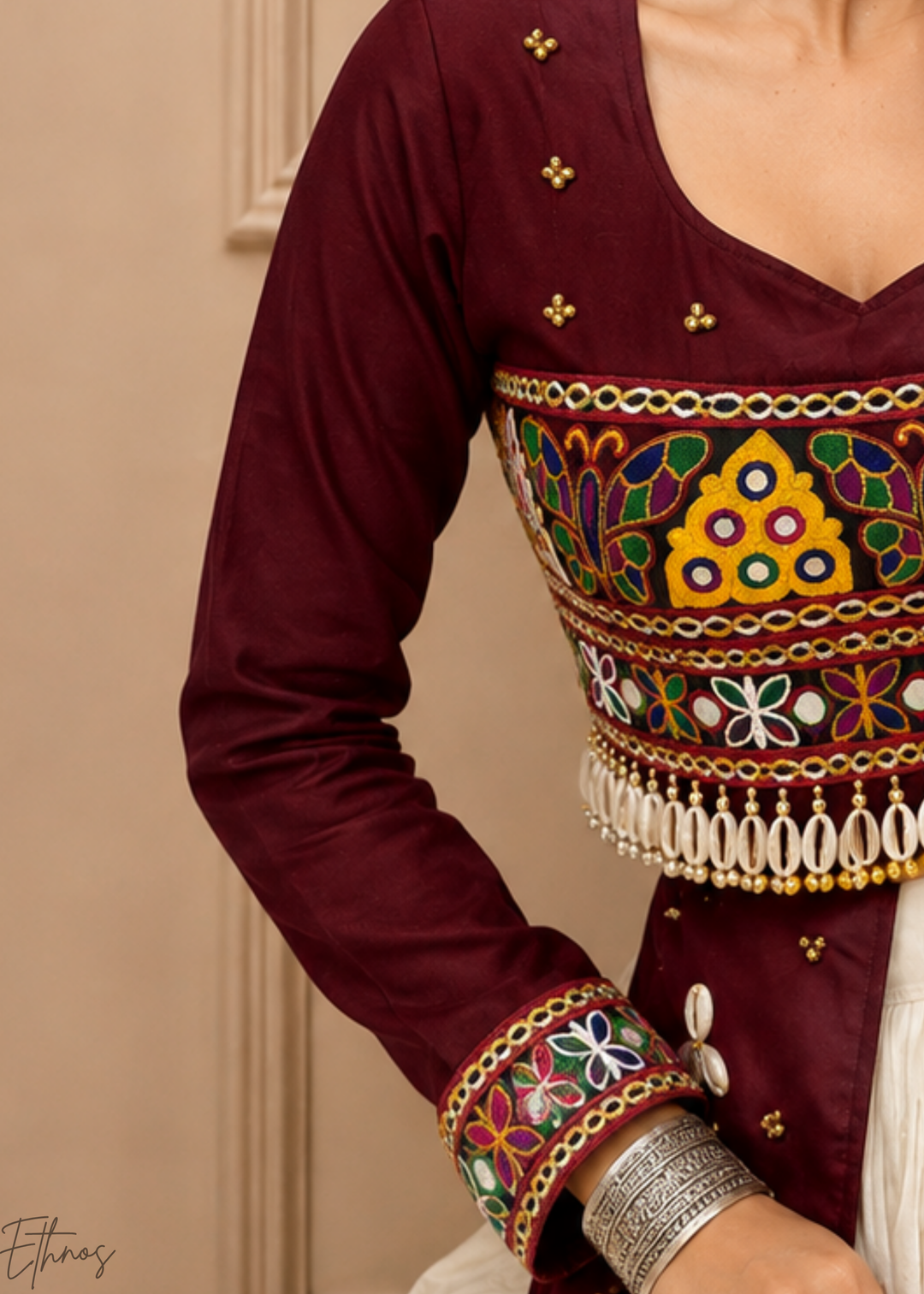 Wine Burgundy & Ivory Tiered Mirror Work Cotton Lehenga Choli