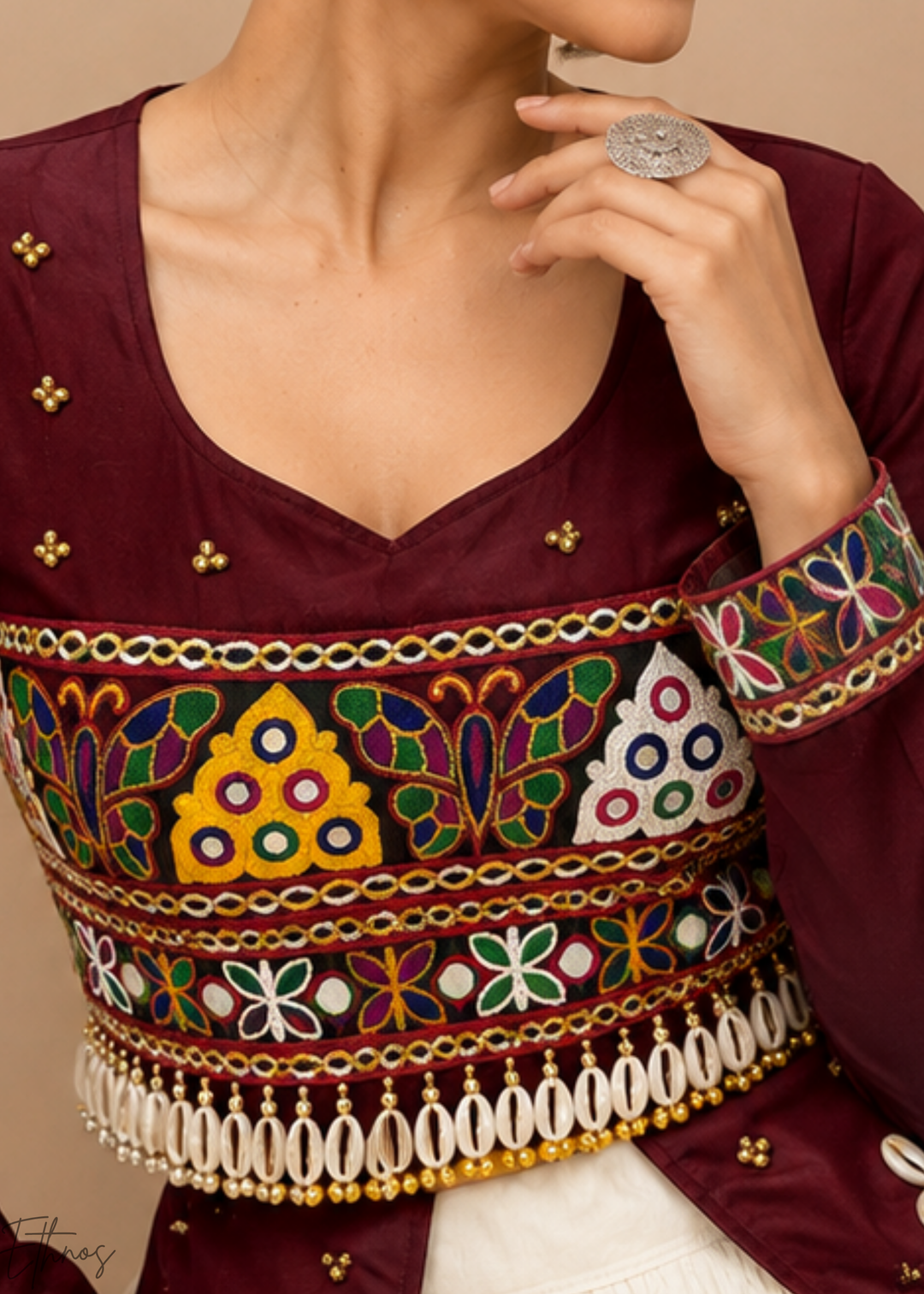 Wine Burgundy & Ivory Tiered Mirror Work Cotton Lehenga Choli