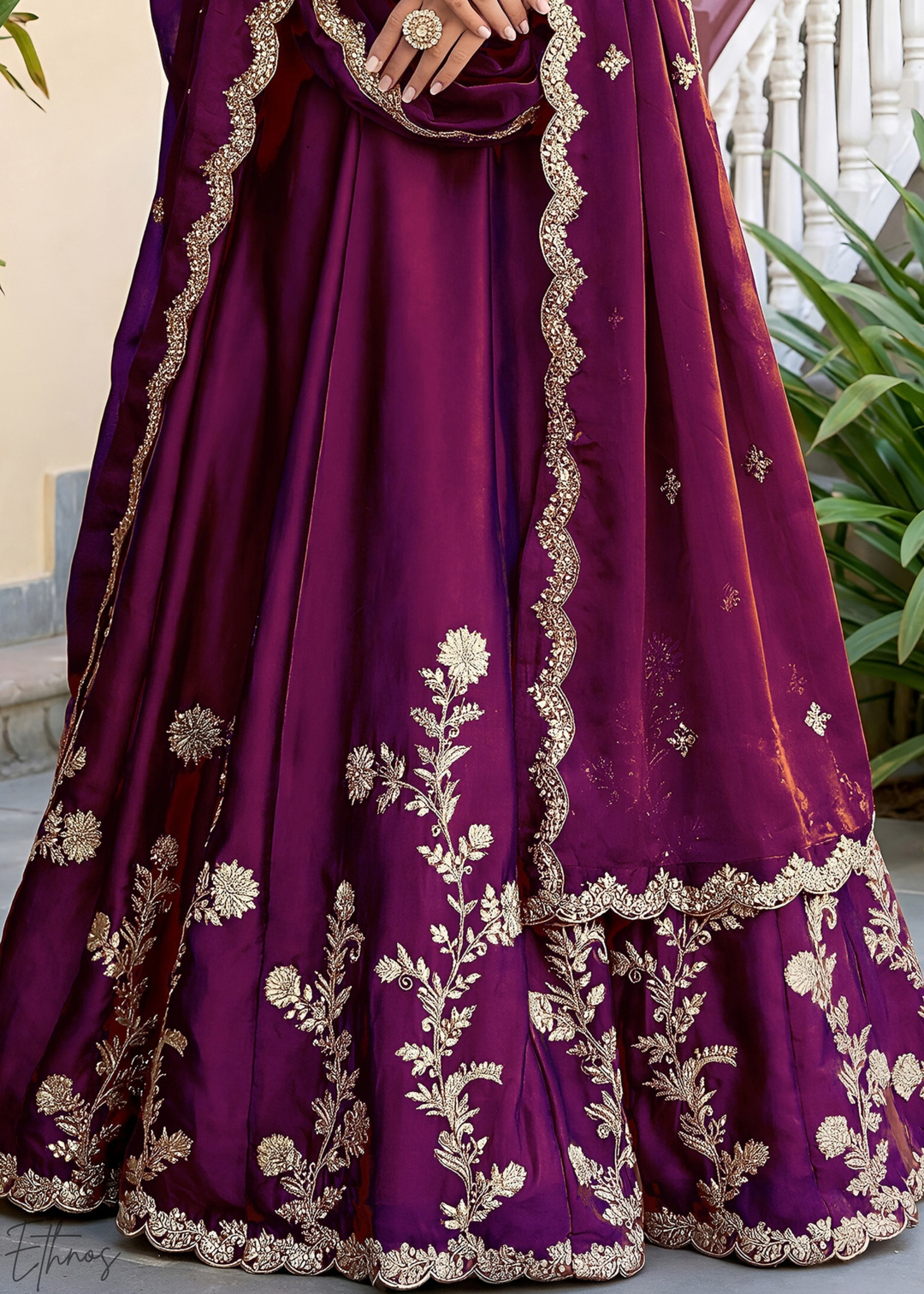 Deep Wine Floret Zari Rangoli Silk Lehenga