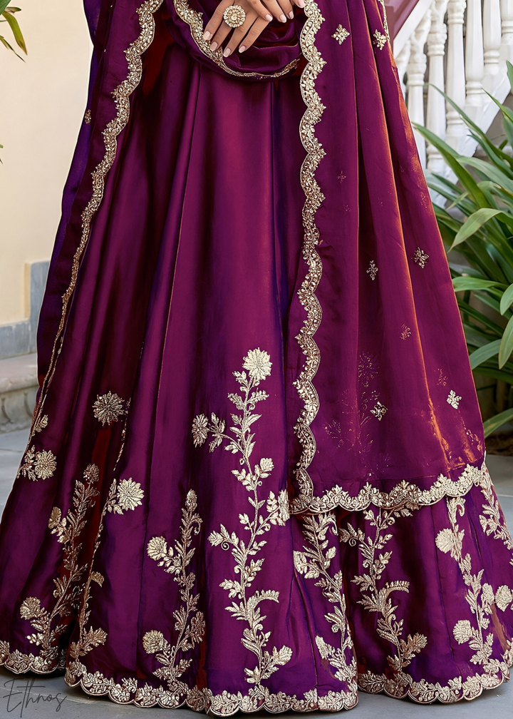 Deep Wine Floret Zari Rangoli Silk Lehenga