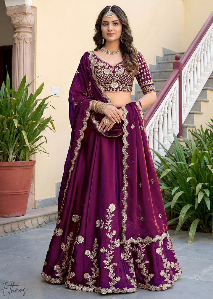 Deep Wine Floret Zari Rangoli Silk Lehenga
