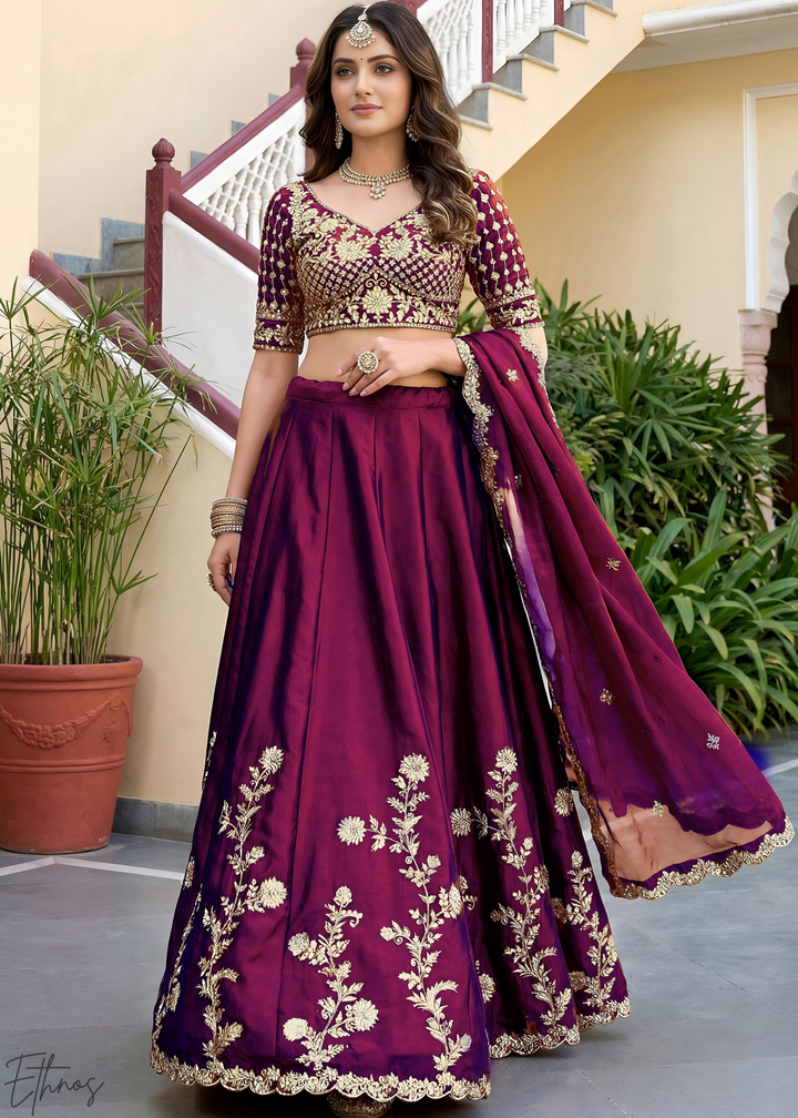 Deep Wine Floret Zari Rangoli Silk Lehenga