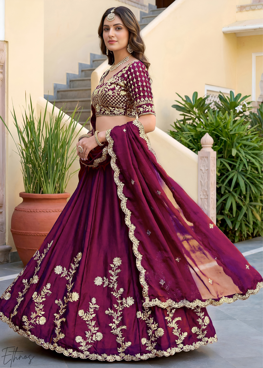 Deep Wine Floret Zari Rangoli Silk Lehenga