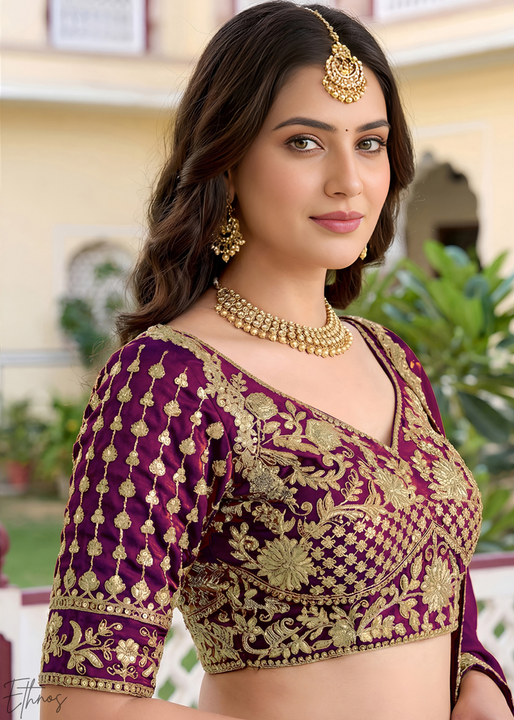 Deep Wine Floret Zari Rangoli Silk Lehenga
