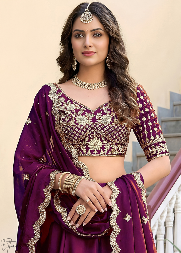 Deep Wine Floret Zari Rangoli Silk Lehenga