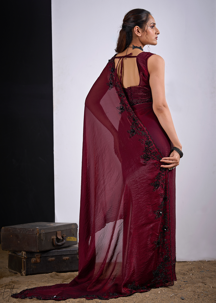 Wine Garnet Cutdana Fendy Satin Silk Saree