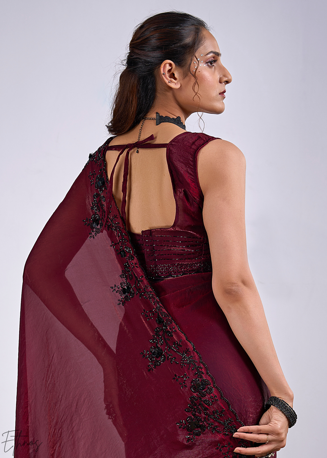 Wine Garnet Cutdana Fendy Satin Silk Saree