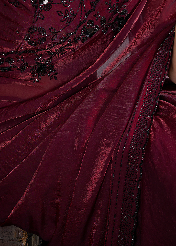 Wine Garnet Cutdana Fendy Satin Silk Saree