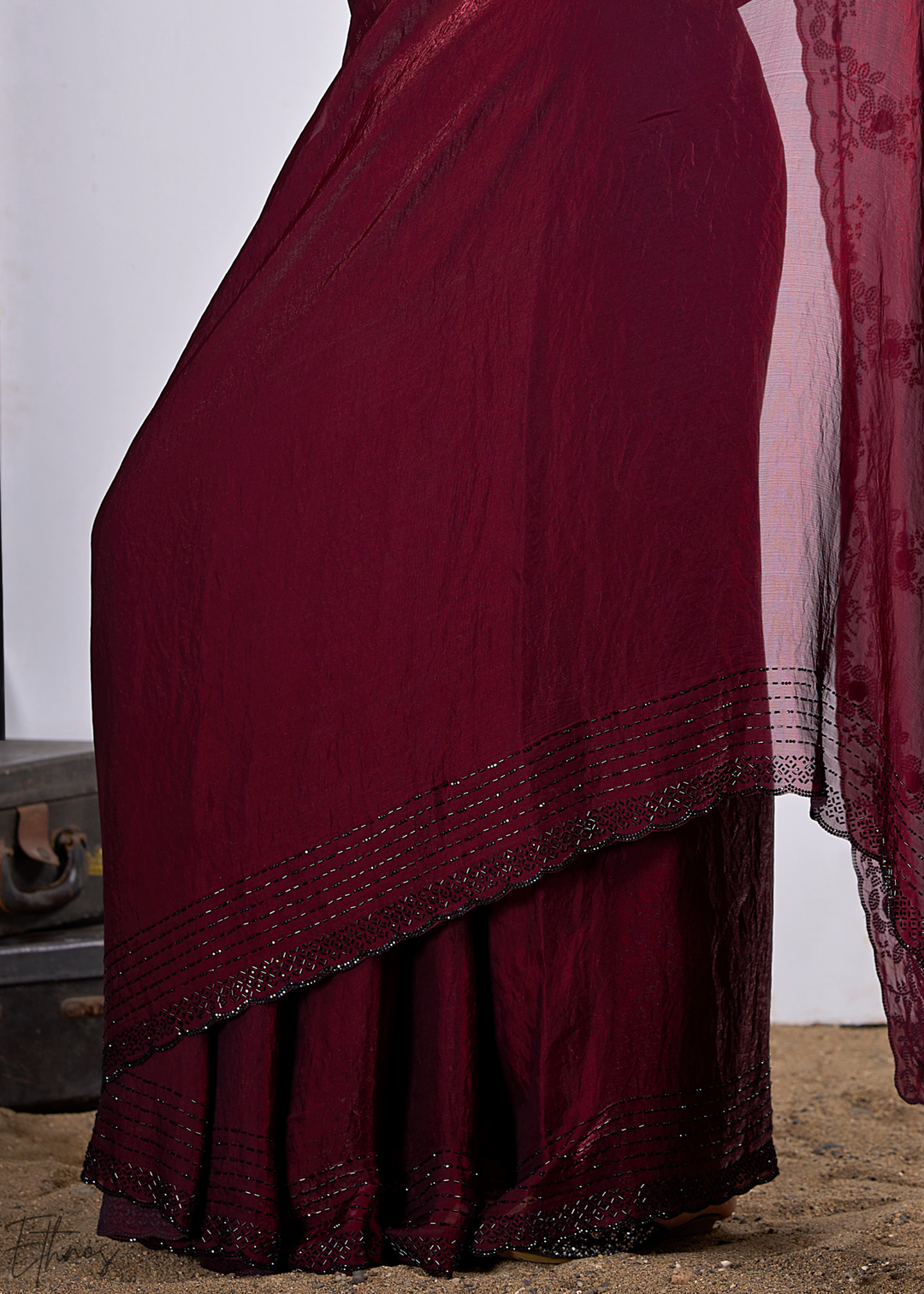 Wine Garnet Cutdana Fendy Satin Silk Saree