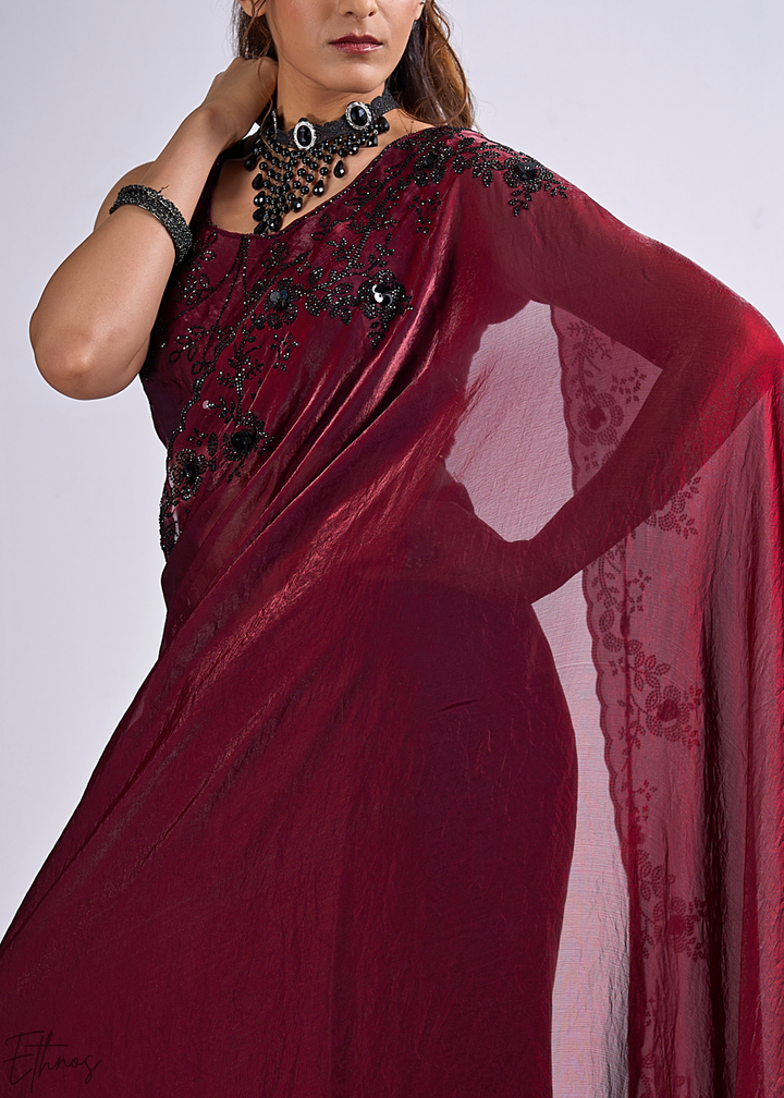 Wine Garnet Cutdana Fendy Satin Silk Saree