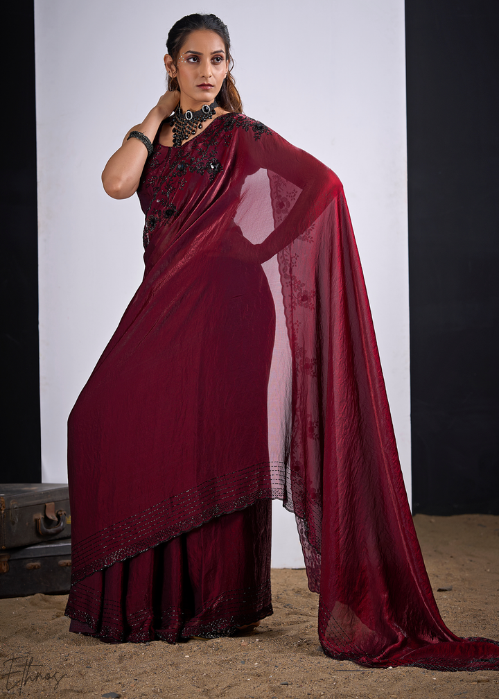 Wine Garnet Cutdana Fendy Satin Silk Saree