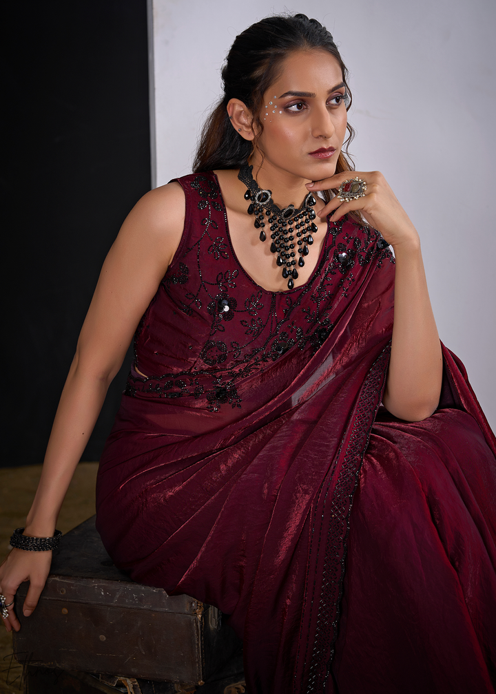 Wine Garnet Cutdana Fendy Satin Silk Saree