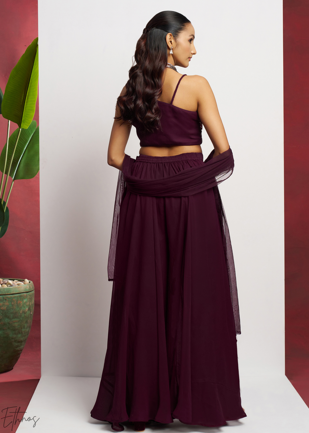 Wine Georgette Choli Palazzo Suit
