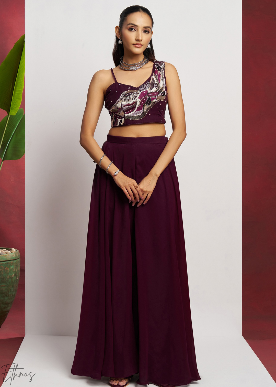 Wine Georgette Choli Palazzo Suit