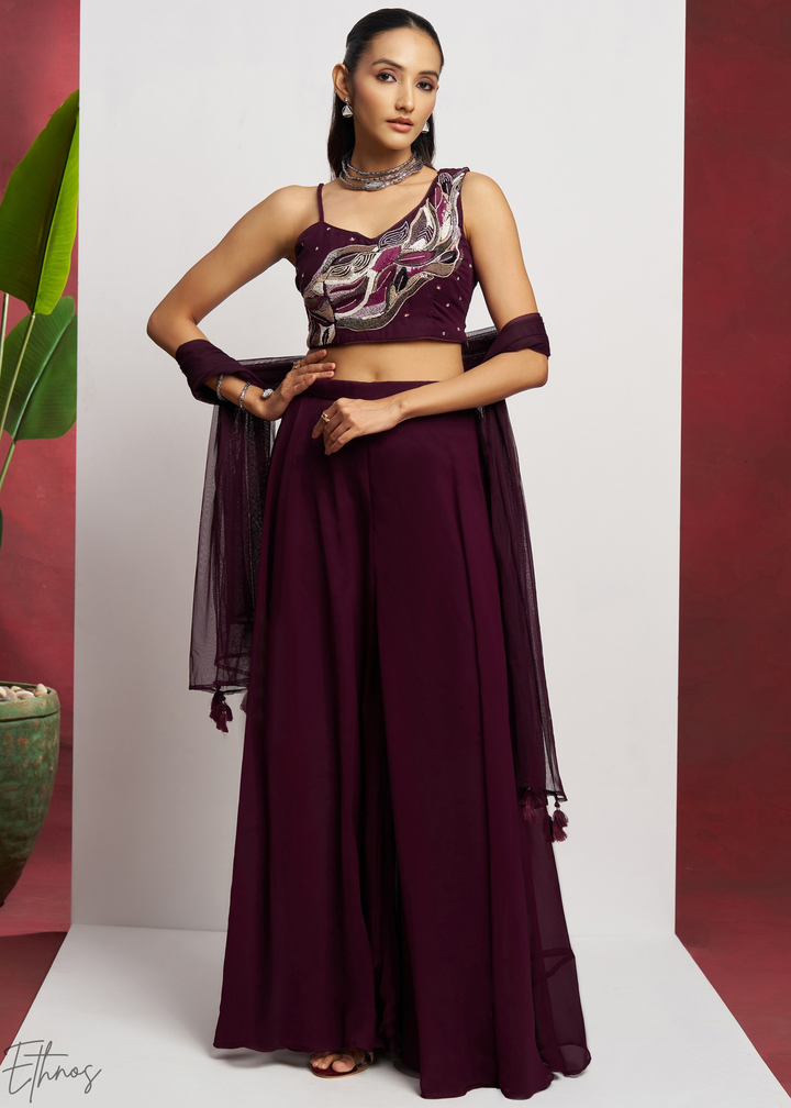 Wine Georgette Choli Palazzo Suit