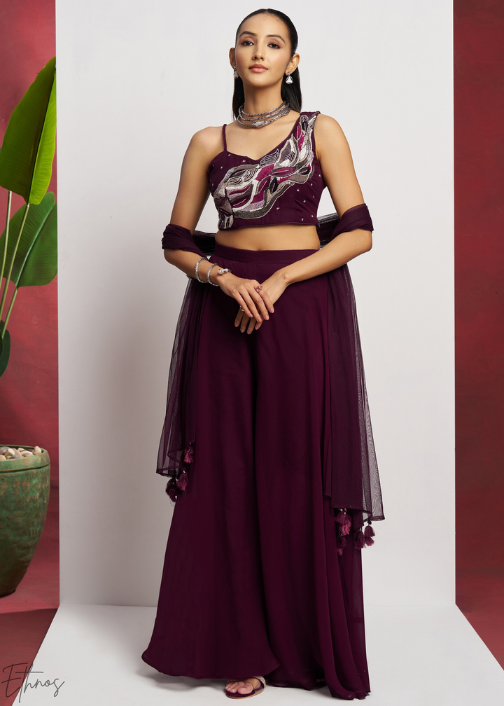 Wine Georgette Choli Palazzo Suit