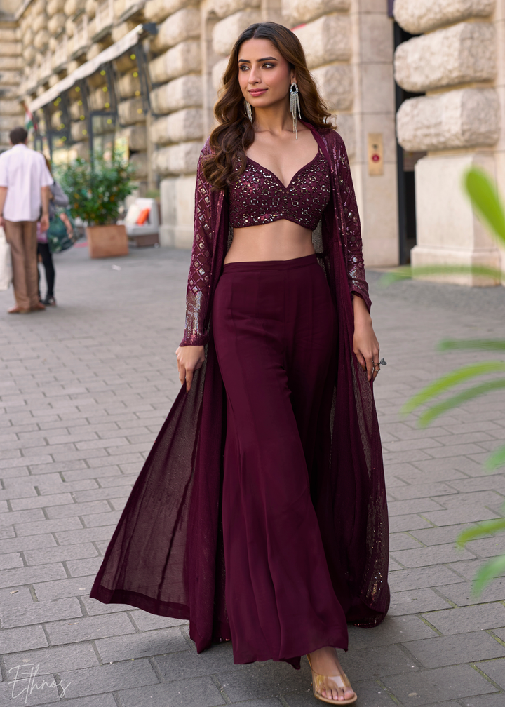Wine Georgette Jacket Choli Palazzo Suit