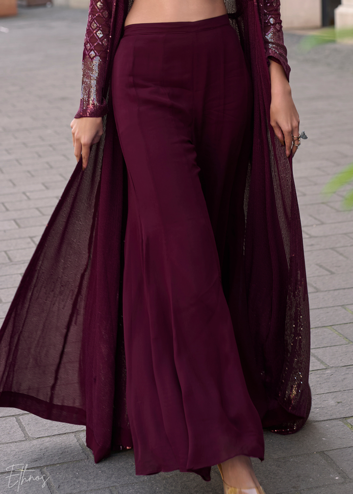 Wine Georgette Jacket Choli Palazzo Suit