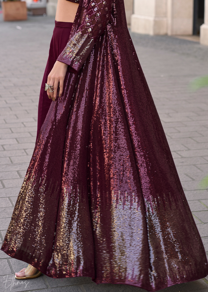 Wine Georgette Jacket Choli Palazzo Suit
